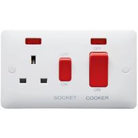 Show details for  45A Double Pole Cooker Control Unit with Switched Socket and Red Rocker/Neon, 2 Gang, White, Modern Range