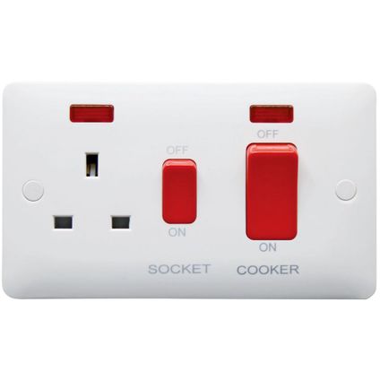 45A Double Pole Cooker Control Unit with Switched Socket and Red Rocker/Neon, 2 Gang, White, Modern Range