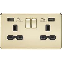 Show details for  13A Switched Socket with USB, 2 Gang, Polished Brass, Black Trim, Screwless Range