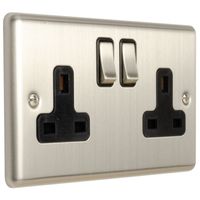Show details for  13A Double Pole Switched Socket, 2 Gang, Satin Stainless, Black Trim, Enhance Range