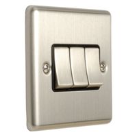 Show details for  10A 3 Gang 2 Way Switch - Satin Stainless/Black
