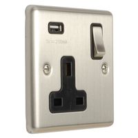 Show details for  13A 1 Gang Switched Socket with USB - Satin Stainless/Black