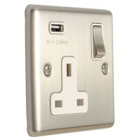 Show details for  13A Switched Socket with USB, 1 Gang, Stainless Steel, White Trim, Enhance Range