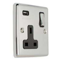 Show details for  13A 1 Gang Switched Socket with USB - Polished Chrome/Black
