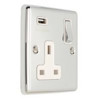 Show details for  13A 1 Gang Switched Socket with USB - Polished Chrome/White
