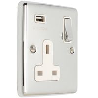 Show details for  13A Switched Socket with USB, 1 Gang, Polished Chrome, White Trim, Enhance Range
