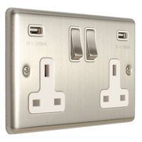 Show details for  13A 2 Gang Switched Socket with USB - Satin Stainless/White