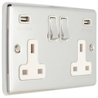 Show details for  13A Switched Socket with USB, 2 Gang, Polished Chrome, White Trim, Enhance Range