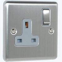 Show details for  13A Double Pole Switched Socket, 1 Gang, Satin Stainless, Grey Trim, Enhance Range