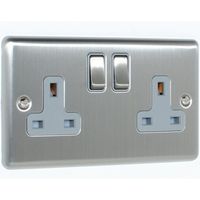 Show details for  13A Double Pole Switched Socket, 2 Gang, Satin Stainless, Grey Trim, Enhance Range