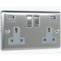 Show details for  13A Switched Socket with USB, 2 Gang, Stainless Steel, Grey Trim, Enhance Range