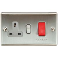 Show details for  45A 2 Gang DP Cooker Switch & Socket - Satin Stainless Steel/Grey