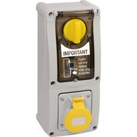 Show details for  16A Switched Interlocked Socket with RCD, 110V, 2P+E, IP44, Yellow