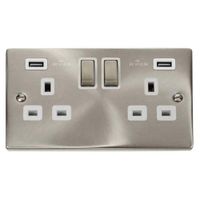 Show details for 13A Switched Socket with USB, 2 Gang, Satin Chrome, White Trim, Deco Range