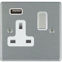 Show details for  13A Single Pole Switched Socket with USB Outlet, 1 Gang, Satin Steel, White Trim, Hartland Range