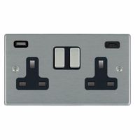Show details for  13A Double Pole Switched Socket with USB Outlet, 2 Gang, Satin Steel, Black
