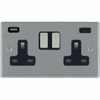 Show details for  13A Double Pole Switched Socket with USB Outlet, 2 Gang, Satin Steel, Black Trim, Hartland Range