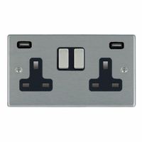 Show details for 13A Double Pole Switched Socket with USB Outlets, 2 Gang, Satin Steel, Black
