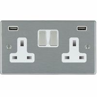 Show details for  13A Double Pole Switched Socket with USB Outlet, 2 Gang, Satin Steel, White Trim, Hartland Range