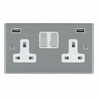 Show details for  13A Double Pole Switched Socket with USB Outlets, 2 Gang, Satin Steel, White