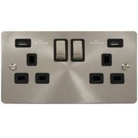 Show details for 13A Double Pole Switched Socket with USB Outlet, 2 Gang, Brushed Stainless, Black Trim, Define Range