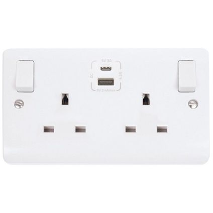 13A Switched Safety Shutter Socket with USB Outlets, 2 Gang, White ...