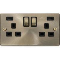 Show details for  13A Double Pole Switched Socket with USB Outlet, 2 Gang, Antique Brass, Black Trim, Deco Range