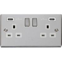 Show details for  13A Double Pole Switched Socket with USB Outlet, 2 Gang, Polished Chrome, White Trim, Deco Range