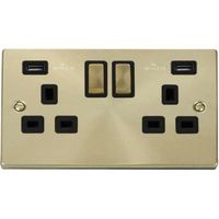 Show details for  13A Double Pole Switched Socket with USB Outlet, 2 Gang, Satin Brass, White Trim, Deco Range