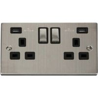 Show details for 13A Double Pole Switched Socket with USB Outlet, 2 Gang, Stainless Steel, Black Trim, Deco Range