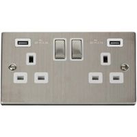 Show details for 13A Double Pole Switched Socket with USB Outlet, 2 Gang, Stainless Steel, White Trim, Deco Range