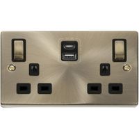 Show details for  13A Switched Socket Outlet with Type A and C USB Outlets, 2 Gang, Antique Brass, Black Trim, Deco Range