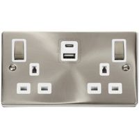 Show details for 13A Double Pole Switched Safety Shutter Socket with USB Outlet, 2 Gang, Satin Chrome, White Trim, Deco Range