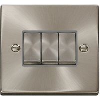 Show details for  10AX 2 Way Plate Switch, 3 Gang, Satin Chrome, Grey Trim, Deco Range