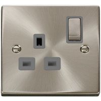 Show details for 13A Double Pole Switched Socket, 1 Gang, Satin Chrome, Grey Trim, Deco Range