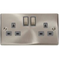 Show details for 13A Double Pole Switched Socket, 2 Gang, Satin Chrome, Grey Trim, Deco Range