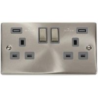 Show details for 13A Double Pole Switched Socket with USB Outlet, 2 Gang, Satin Chrome, Grey Trim, Deco Range