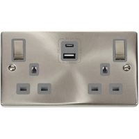 Show details for 13A Double Pole Switched Safety Shutter Socket with USB Outlet, 2 Gang, Satin Chrome, Grey Trim, Deco Range