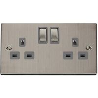 Show details for 13A Double Pole Switched Socket, 2 Gang, Stainless Steel, Grey Trim, Deco Range