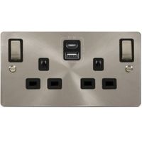 Show details for 13A Double Pole Switched Safety Shutter Socket with USB Outlet, 2 Gang, Brushed Stainless, Black Trim, Define Range