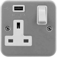 Show details for  Metal Clad 13A Switched Socket with USB Outlet (Type A), 1 Gang, Grey, White Trim, Essentials Range