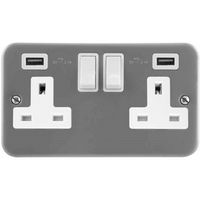 Show details for  13A Switched Socket with USB Outlets, 2 Gang, Metal Glad, Grey, Essentials Range