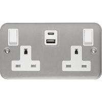 Show details for  Metal Clad 13A Switched Socket with USB Outlets (Type A and Type C), 2 Gang, Grey, White Trim, Essentials Range
