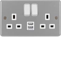 Show details for  13A Double Pole Metalclad Switched Socket with USB Ports, 2 Gang, Grey, White Trim, Sollysta Range