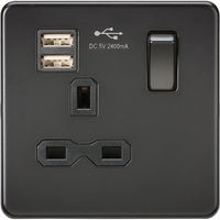 Show details for  13A Switched Socket with Dual USB, 1 Gang, Matt Black, Screwless Range