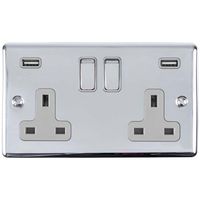 Show details for  13A Switch socket with USB Outlet, 2 Gang, Polished Chrome, Grey Trim