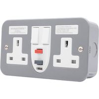 Show details for  Metal Clad 13A Double Pole RCD Switched Socket Outlet, 2 Gang, Grey, White Trim, Essentials Range