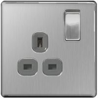 Show details for 13A Switched Socket Outlet, 1 Gang, Brushed Steel, Grey Trim, Flatplate Screwless Range