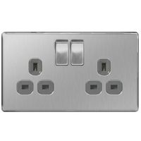 Show details for 13A Switched Socket Outlet, 2 Gang, Brushed Steel, Grey Trim, Flatplate Screwless Range