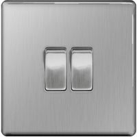 Show details for 10AX 2 Way Light Switch, 2 Gang, Brushed Steel, Flatplate Screwless Range